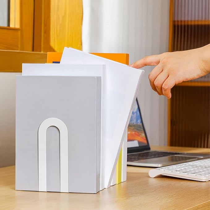 Chunful 12 Pcs White Metal Book Ends for Shelves Modern Bookends Decorative Small Bookends Shelf Organizer Minimalist Design Stopper to Hold Books for Home Office (5.5 * 3.75 * 2.25inch)