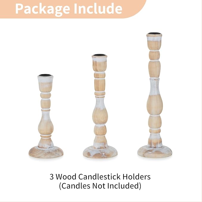 NUPTIO Candlestick Holders Wood for Home: Set of 3 Tall Farmhouse Taper Candle Holders for Christmas Gift Mantel Decor