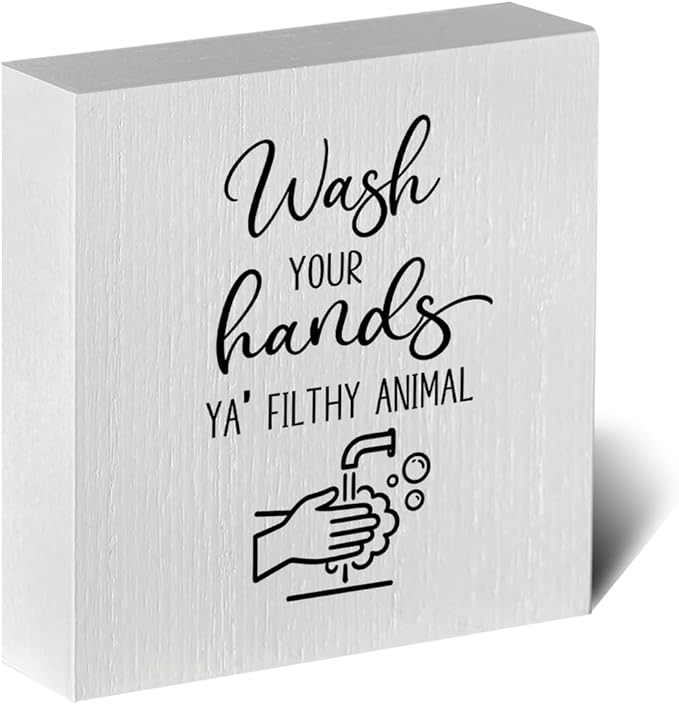 Funny Rustic Bathroom Decor Wooden Box Sign 5x5 Inch - "WASH YOUR HANDS YA' FILTHY ANIMAL" Humorous Restroom Shelf Table Decoration for Home