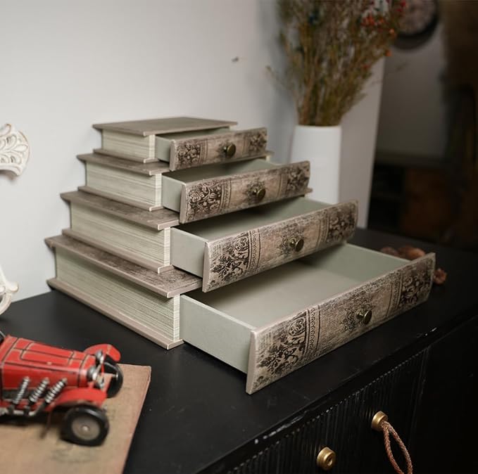 Vintage Book-Shaped Storage Box with Drawer, Distressed Vintage Brown Faux Leather Finish and Gothic Medallion Motif, Decorative Hidden Organizer for Home or Office 9.5″ x 6.7″ x 2″