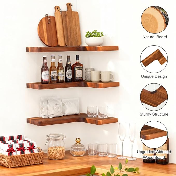 Floating Corner Shelves, Wall Shelf Set of 3, Shelves for Wall Storage, Solid Wood Shelves for Storage, Wall Mount Wooden Display Shelf for Bathroom Bedroom Kitchen Garage (Acacia, 3pcs)