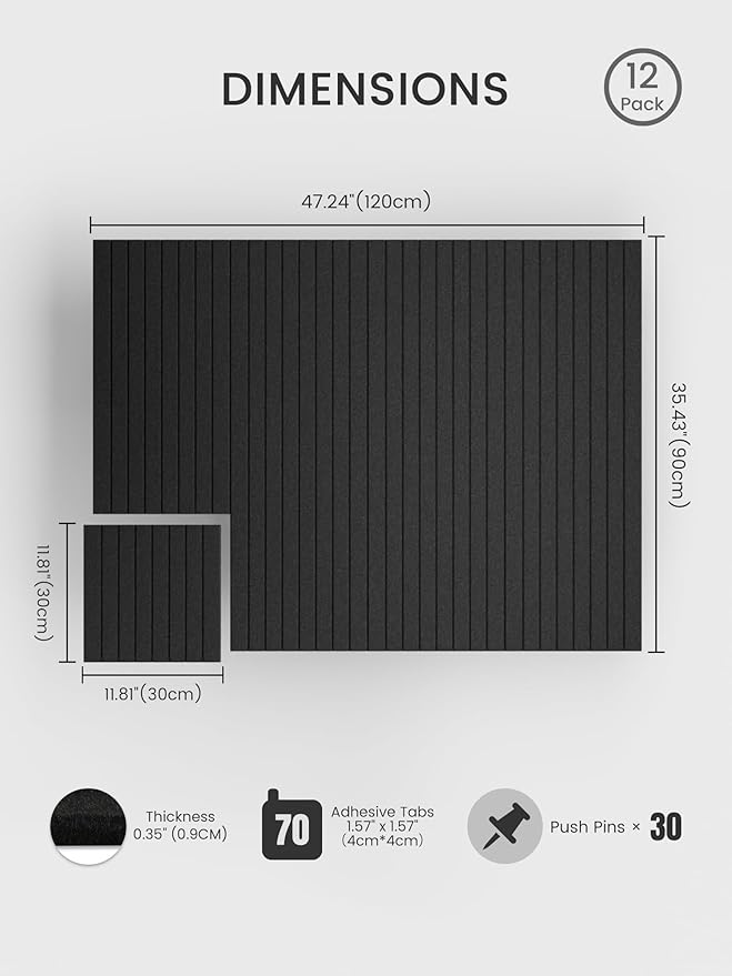 Bumusty Large Cork Board Alternative-48 x 36" Felt Bulletin Board Tiles, with 30 Pushpins, 70 Adhesive Tabs, Fine-Stripe 12-Pack, Cork Boards for Office Push Pin Board Felt Board-Black