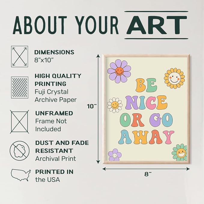funny Trendy Wall Decor - Groovy Funky Wall Art - Boho-chic - Preppy Room Decor Aesthetic - Vintage Retro Print - 70s Pop art - Cute Fun small Home Office Decor for Women