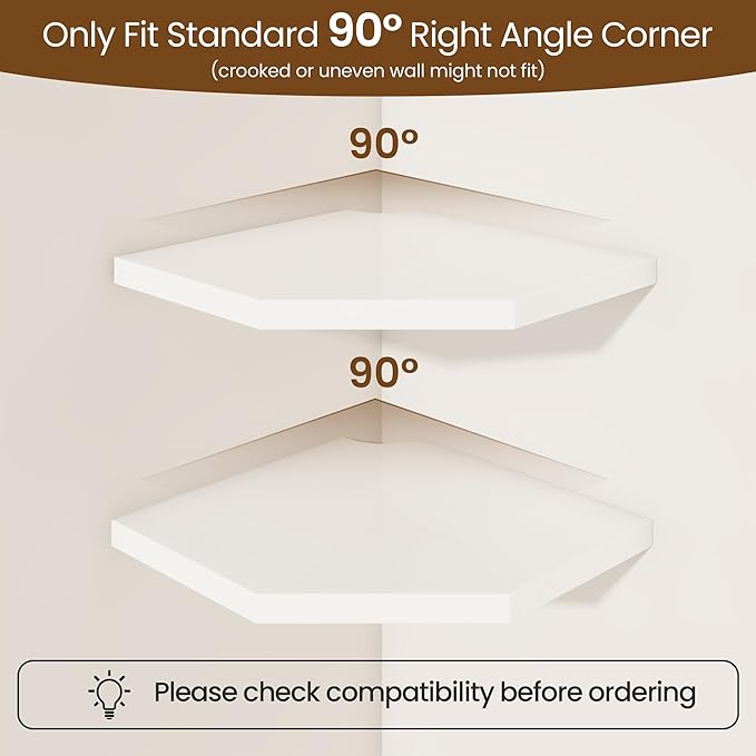 Fun Memories Corner Shelf Wall Mount, Solid Oak Wood Floating Corner Shelves with Cable Hole, 8.5in Rustic Design for Bedroom, Bathroom, Kitchen, Living Room (White, 1 Pack)