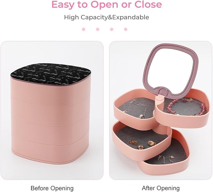 4-Layer Rotating Travel Jewelry Tray Holder Small Jewelry Storage Box Earring Organizer Box with Mirror (Rose Boss Lady White Black)