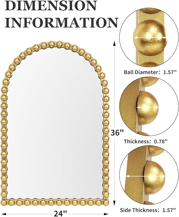 Gold Beaded Arched Wall Mirror 24x36 Inch, Vintage Decorative Arch Mirror with Beaded Frame, Accent Mirror for Entryway, Bathroom, Living Room, Bedroom, Fireplace