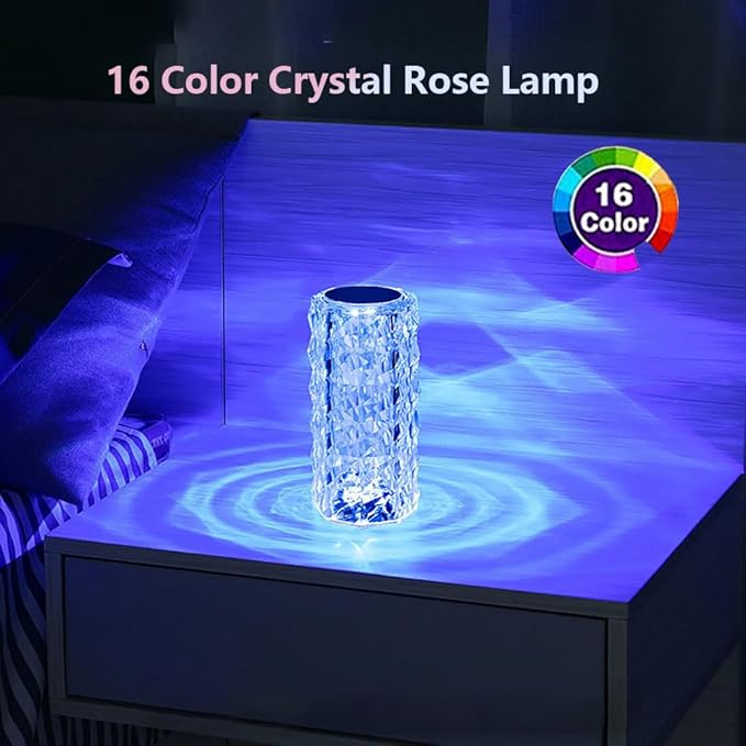 Portable Crystal Table Lamp,16 Color Touch Control Rechargeable Lamp,Crystal Bedside Lamp,Night Light,Room Decor Desk Lamp,Bedroom,Living Room,Kitchen,Dining Room Lamp (16-Color Rose)