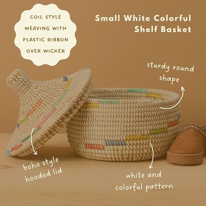 Decorative Basket with Lid, Colorful Pattern on White, Hooded, 10 Inch Wide