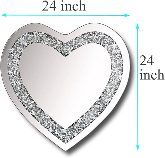 DMDFIRST Crystal Crush Diamond Heart Shaped Silver Mirror for Wall Decoration 24x24x1 inch Wall Hang Frameless Mirror Acrylic Diamond Décor.