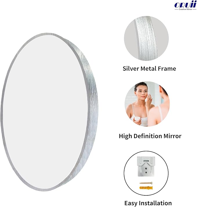Oruii Silver Round Mirror, Silver Round Mirror 24 inch, Circle Bathroom Mirrors Metal Frame, Nickel Circle Mirrors for Wall, Over Sink, Bathroom, Living Room, Vanity, Chrome