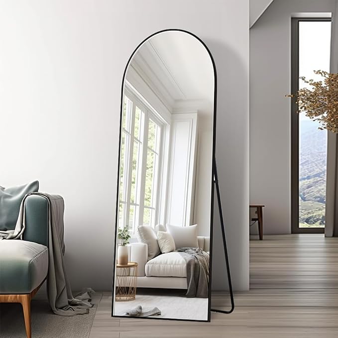 Arched Full Length Mirror, 64 "x 21" Floor Mirror with Stand, Full Body Mirrors with Aluminum Alloy Frame, Freestanding, Wall-Mounted or Leaning (Black)