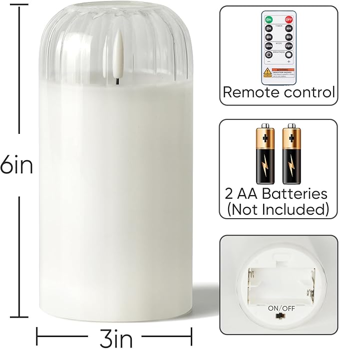 Homemory Glass Flameless Candles, Battery Operated Plliar Candles Realistic Flickering, LED Electric Light with Remote and Timer for Home, Christmas Decoration, White, Set of 2
