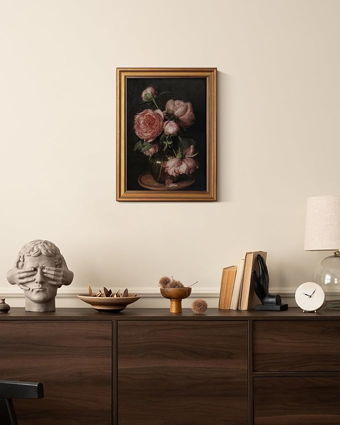 HUARCEY Framed Canvas Wall Art Prints, Bathroom Shelf Vintage Decor Aesthetic, Peony Floral Paintings Farmhouse Wall Decor, Retro Table Desk Decoration for Bedroom Living Room, 12x16Inch