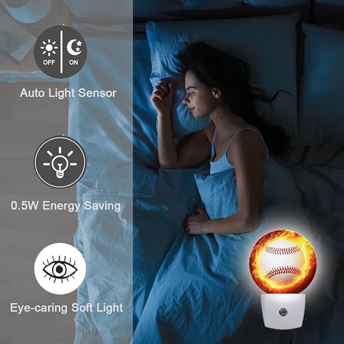 Baseball Fire Night Light Plug Into Wall Auto Led Sleep Round Lamp for Living Room Hallway Stairs