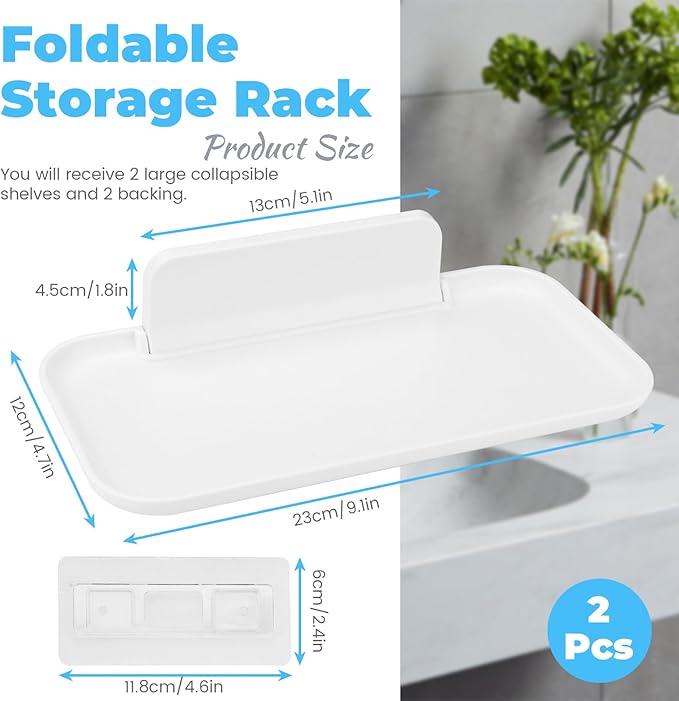 2 Pack Foldable Bedside Shelf Wall Mount, Adhesive Floating Shelves for Wall No Drilling, Glasses Watch Perfume Phone Holder Organizer for Bedroom Bathroom RV, Large
