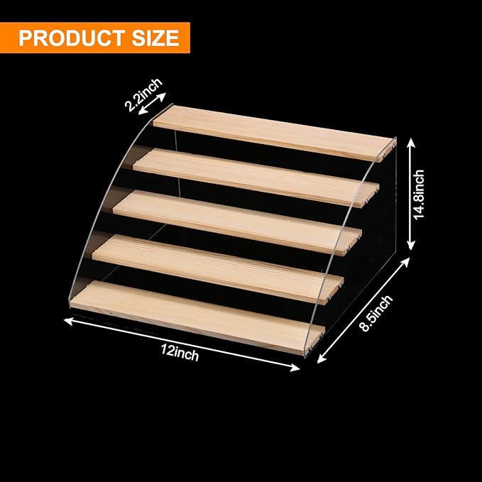 METALLIXITY Wooden Display Stand, 5 Tier Acrylic Display Riser Shelf Organizer Suitable for Cupcakes Desserts Collectibles Figure Perfume Nail Polish, Clear