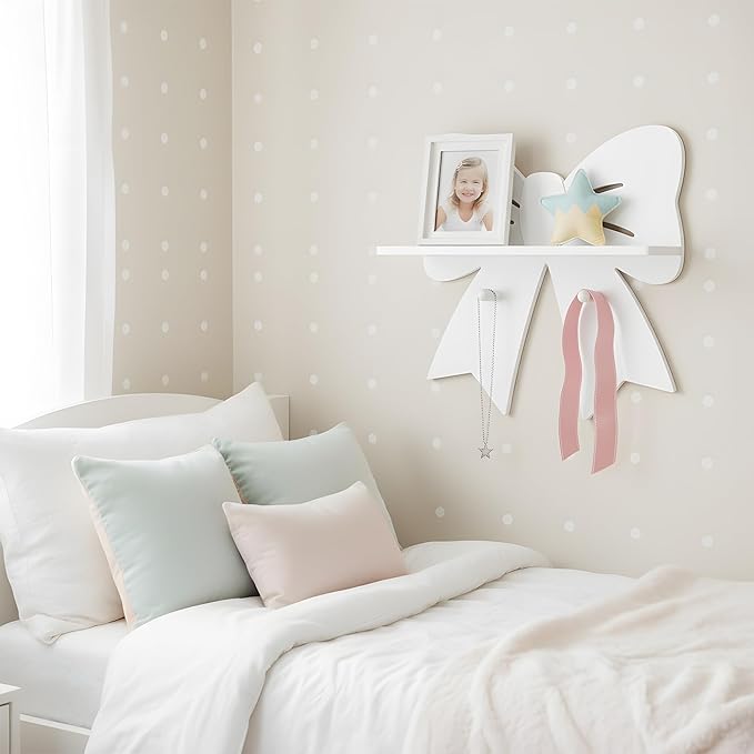 Bow Shaped Floating Shelf with Hooks - Cute White Wooden Wall Decor for Girls Nursery & Bedroom, Trinket Display Organizer
