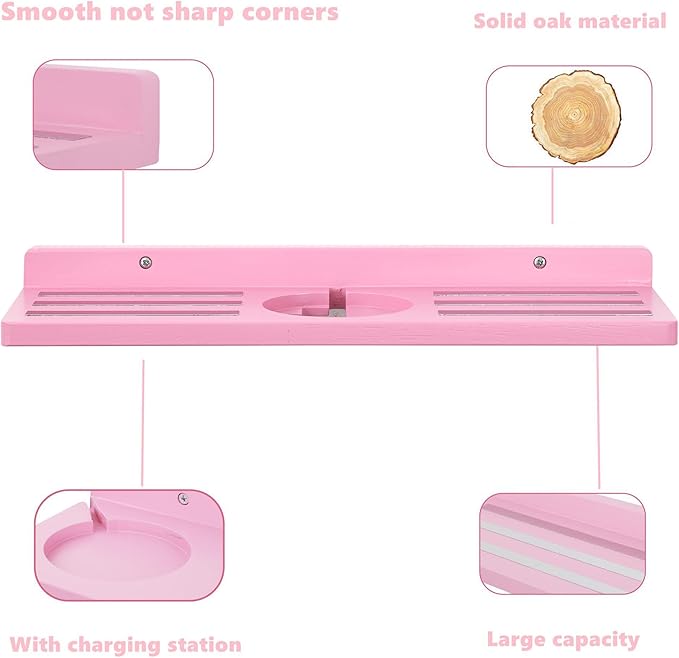 For Tonies Figures Shelf Magnetic,for Tonie Box Wall Shelves,for Tonies Characters Organizer Audio Toy Storage (Holds 36 Figurines),Compatible Charging Station for Children Kid's Room,Oak Wood,Pink