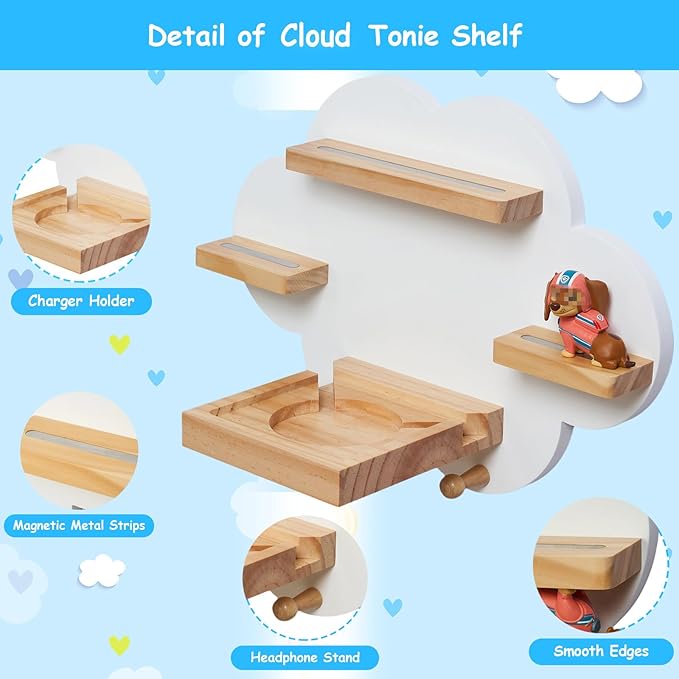 for Toines Box Shelf, for TonieBox 1 and TonieBox 2 Cloud Tonie Shelf Magnetic Pink Tonies Display 12-20 Characters Compatible with Toniebox Player Storage Rack for Kids Play Room (White)