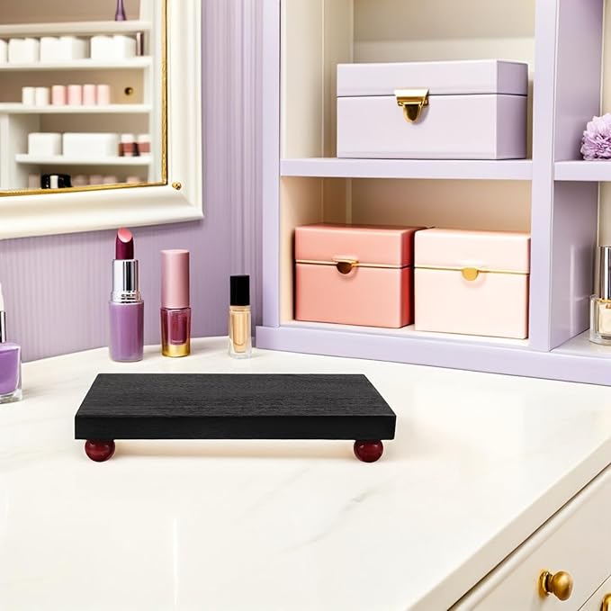 MAGICLULU Wooden Rectangular Desk Organizer Tray for Perfume Makeup and Jewelry, Medium Black Solid Wood Decorative Vanity Tray for Bathroom Entryway Display