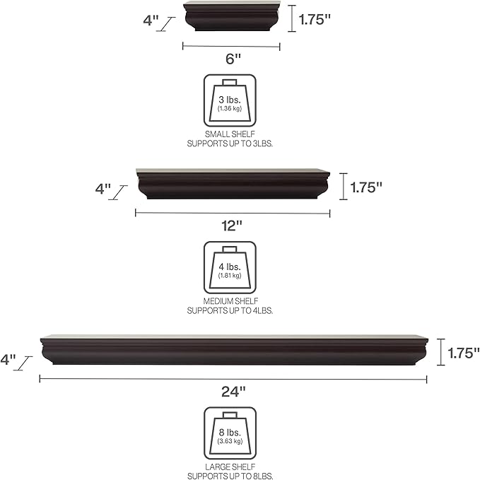 MELANNCO Floating Molding Shelves for Bedroom, Living Room, Bathroom, Kitchen, Nursery, Set of 5, Espresso