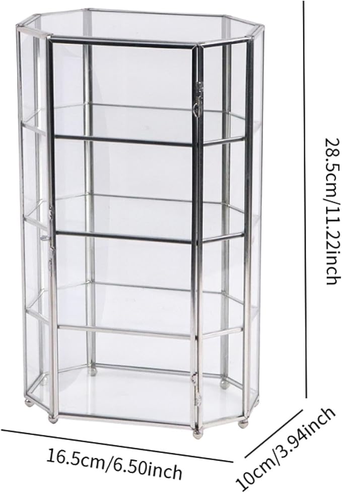 Vaveren Desktop Glass Makeup Storage Box with 4 Layers Trinket Earring Ring Holder Brass Frame Cosmetic Organizer for Bathroom Vanity