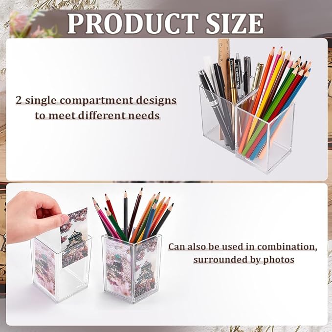 FINGERINSPIRE 2 Pack Photo Pen Holder Small Picture Mini Cute Display Holder 2x3 Instant Photos Clear Acrylic Frame 4-Sided Photo Cube for Photos Display Office Desk Organizer
