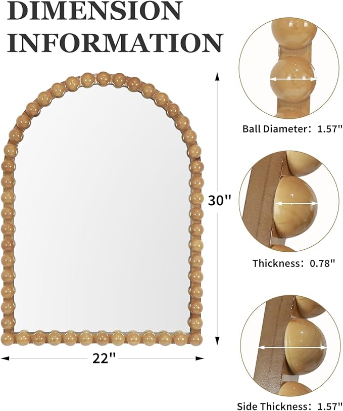 Beaded Arched Wall Mirror 22"x30", Vintage Decorative Arch Mirror with Beaded Frame, Accent Mirror for Entryway, Bathroom, Living Room, Bedroom, Fireplace Mantel