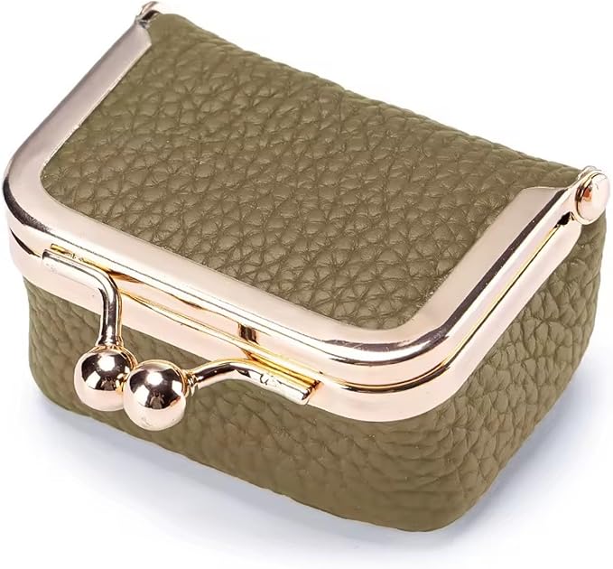 Genuine Leather Mini Jewelry Box for Women, Square Coin Purse with Kiss Lock, Jewelry Organizer Travel Case (Small, Dark Khaki)