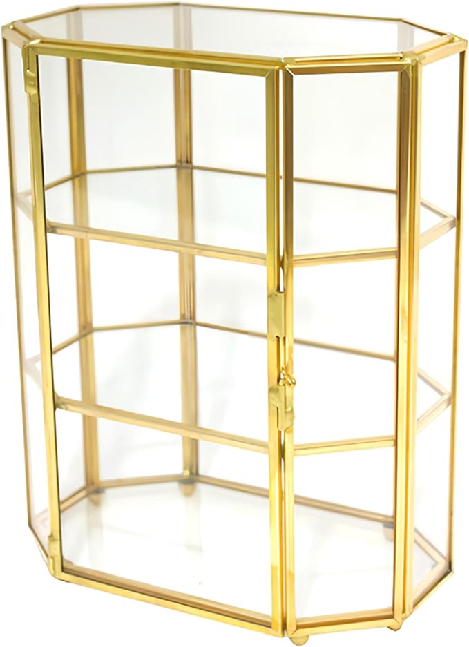 Clear Glass Storage Box, Glass Display Case, Three Layer Jewelry Case, Makeup Box, Keepsake Organizer, Multifunctional Display Cabinet for Vanity Decor Home Dresser, Gold ﻿