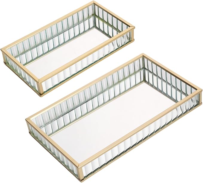 2pcs Mirror Storage Tray, Vertical Striped Glass Jewelry Storage Box, Perfume and Makeup Tray, Suitable for Dressing Tables, Bathrooms, and Bedrooms