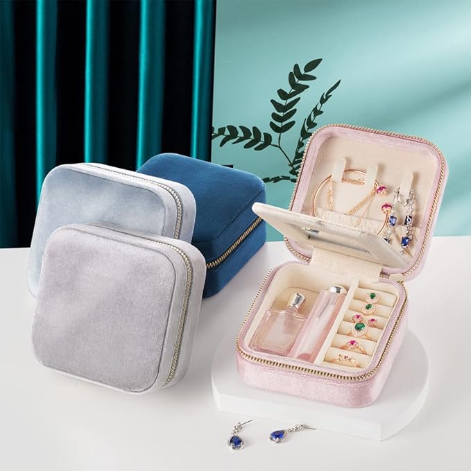 Plush Velvet Travel Jewelry Case, Mini Jewelry Box, Small Jewelry Organizer Portable Display Storage Case, for Girls Women (Periwinkle Blue-With Mirror)