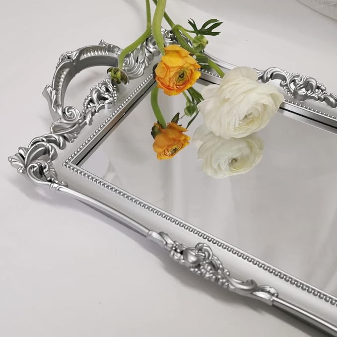 Small Rectangle Decorative Mirror Tray, French Style, Makeup Organizer, Jewelry Organizer, Serving Tray, 13"x 7.8", Silver