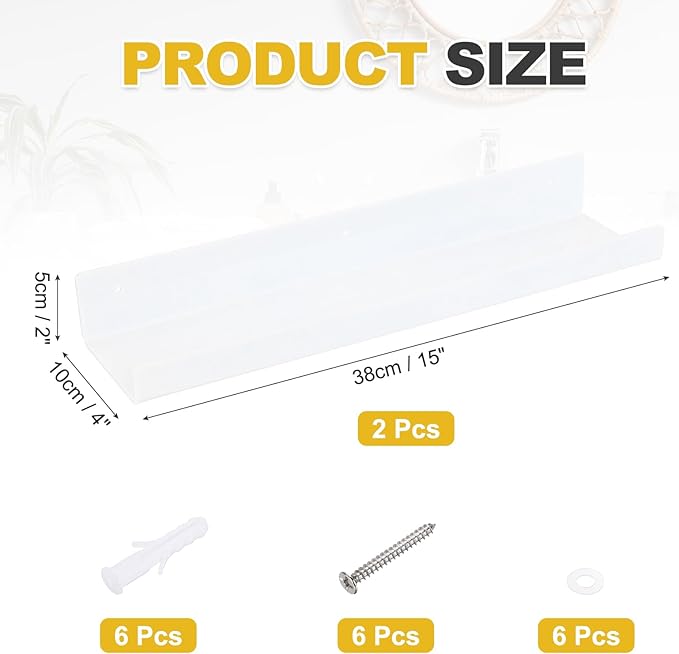 MECCANIXITY 2 Pack Acrylic Shelves for Wall, 15 Inch White Floating Shelves Wall Mount Display Shelf Organizer for Bathroom, Bedroom, Living Room, Room Decor