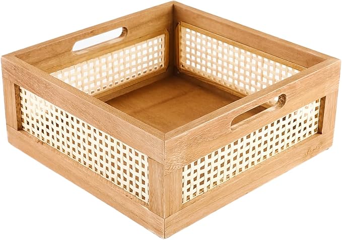 YAHUAN Woven Wooden Basket Wood Storage Crate Box, Bamboo Basket with Built-In Handles for Kitchen Pantry, Cabinet, Office, Bedroom, Rustic Country Decor (Brown)