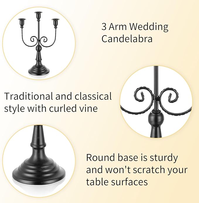 Romadedi Candelabra Black Candle Holders: 3 Arm Halloween Candlestick Holder 11.8" Gothic Home Decor for Party Table Centrepiece Mantel Christmas, Set of 2