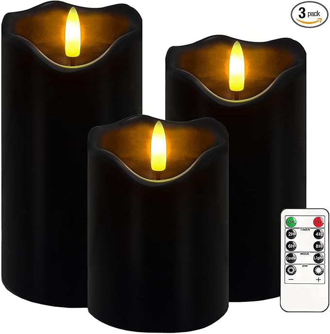 Flameless Candles Light, Set of 3 Flickering LED Candles with Remote & Timer, Dimmable Real Wax Electric Pillar Candles Battery Operated, Black Flameless Candles for Home Halloween Decor (Black)