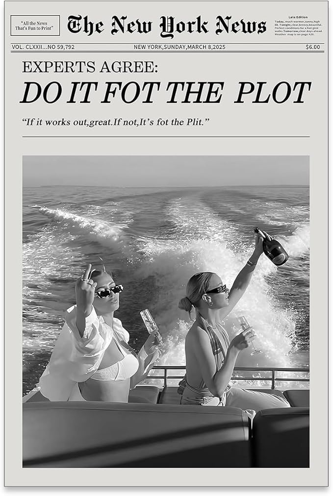 noxozoqm Black and White Fashion Hot Girl Poster Fun Do It For The Plot Newspaper Wall Art Retro Girly Canvas Prints for bar Cart Decor 16X24 inch Unframed