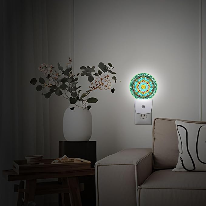 Mandala Flower Plug in Night Light Auto Light Round Lamps Energy Saving Gift for Women Men Friends