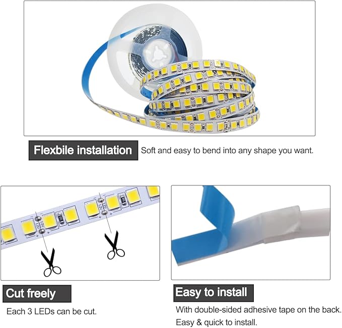 12V LED Strip Lights, 16.4ft Natural White 4000K Light Strips SMD 5054 IP20 120 LEDs/M, Total 600 LEDs Super Bright Rope Light Strip for Home, Shelf, Kitchen Decoration
