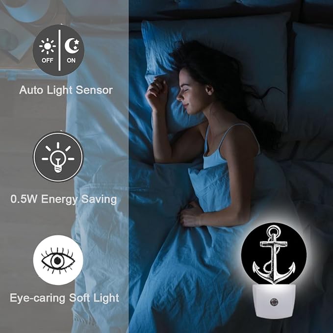 Nautical Anchor Black Night Light Plug Into Wall Auto Led Sleep Round Lamp for Living Room Hallway Stairs