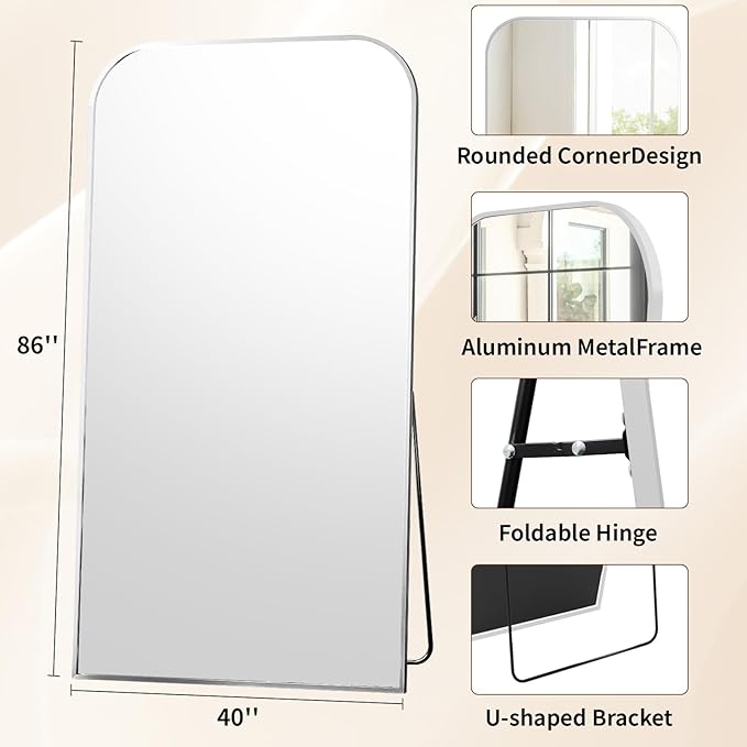 Full Length Mirror 86"x40" Arched Floor Standing Large Mirrors Full Body Mirror with Stand - with Aluminum Frame for Bedroom Living Room, Silver