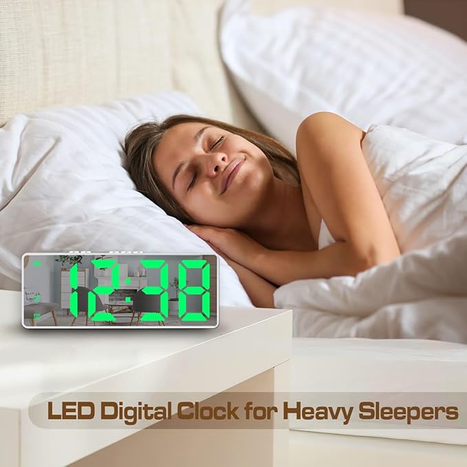 Small Digital Alarm Clock, Mirror Surface LED Electronic Clocks with Large Display, Adjustable Brightness and Snooze Model for Bedroom, Desk, Office, Whitecase Green Digit