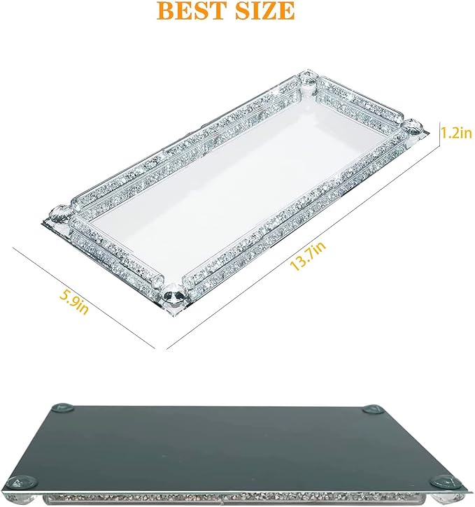 Crystal Glass Serving Tray, Crushed Diamond Filled Modern Glass Mirror Jewelry Trinket Tray, 13.7" x 5.9" Rectangular Makeup Perfume Tray for Bedroom Dresser, Home Decor, Banquet,Party(Silver)