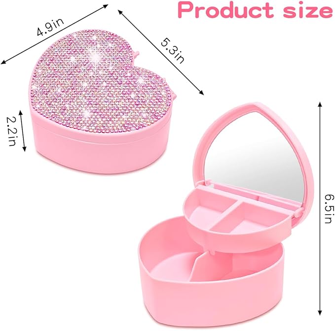 Bling Heart Jewelry Box for Girl，Jewelry Storage Organizer with Heart Make up Mirror,Glitter Jewelry Case Pendant Necklace Box for Earrings Rings Bracelets