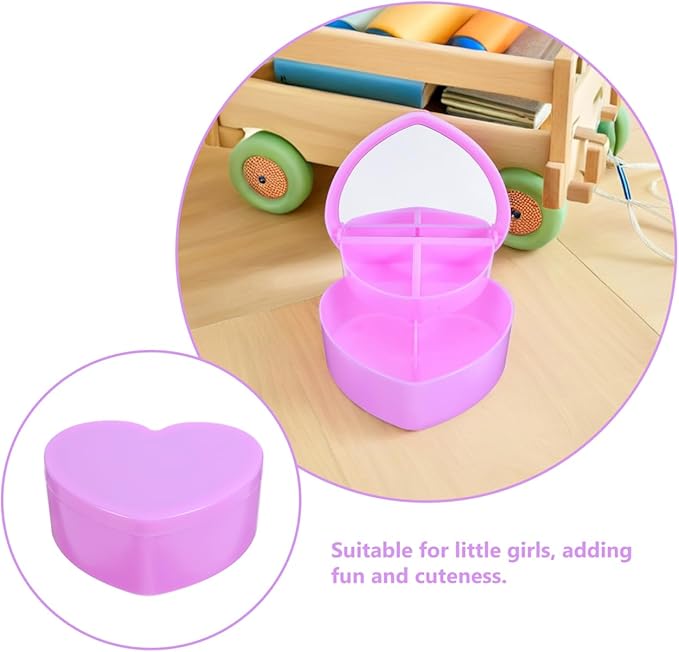 Heart Shaped Travel Jewelry Box for Girls Double Layer Jewelry Organizer with Built-in Makeup Mirror Portable Lightweight Storage for Earrings Rings Bracelets and Hair Accessories