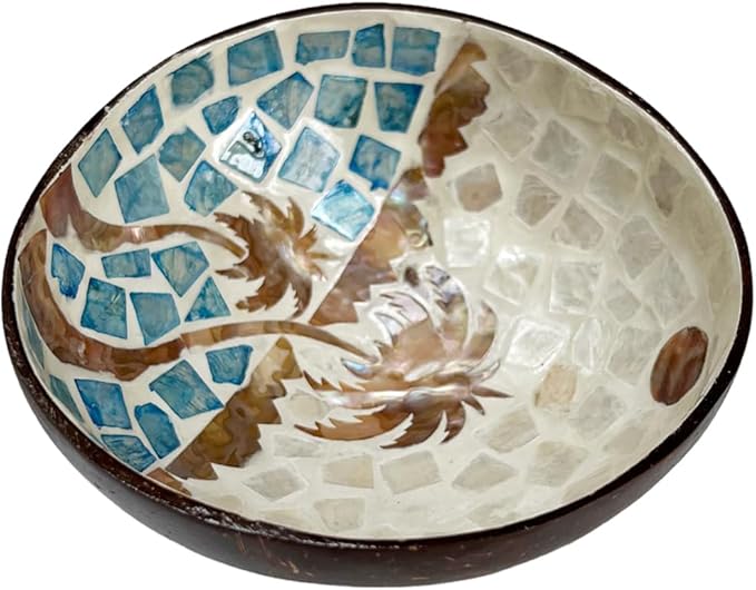 Decorative Storage Bowl with Mother of Pearl Inlays - Distinctive Coconut Shell Container for Entryway, Vanity, and Office Use (Coconut trees)