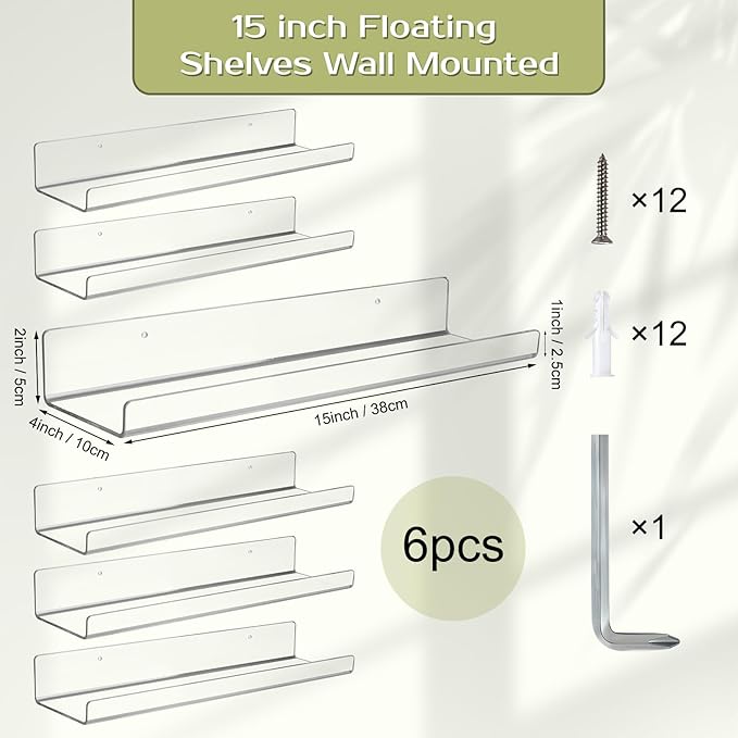 Boxalls Acrylic Clear Shelves - 6 Pack, 15 Inches Wall Storage Organizer Floating Shelf for Bathroom, Bedroom, Kitchen Variety Room, High Transparency Acrylic Waterproof Shelves