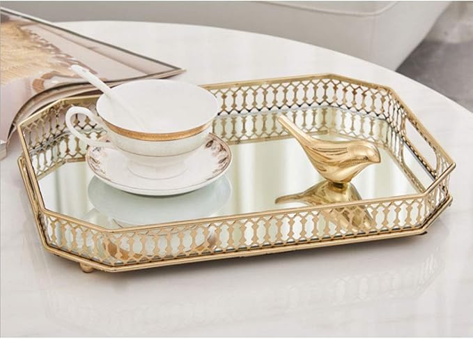 Vintage Gold Mirror Tray,Rectangle(13.8x9.8in) Ornate Geometric Brass Plated and Glass Display Storage Organizer,Jewelry Perfume Makeup Organizer Tray, for Dresser, Bathroom, Bedroom
