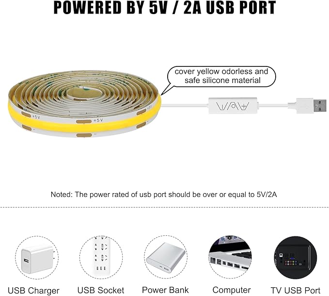 Tatazone 5V USB COB Led Strip Light with RF Remote, 4.92ft Dimmable 4000K CRI93+ USB Powered COB Led Light Strip, Indoor COB Led Light for Cabinet, TV, Camping, Monitor, Showcase, Motorhome